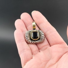 Vtg TJ Pendant Brutalist Black Rhinestone Tahoe Jewelry Medeiros 2-tone Wide