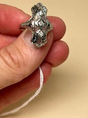 Stunning 3 Diamond Filigree Antique Art Deco Size 6.25 in White Gold