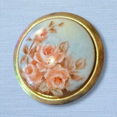 Porcelain Floral Brooch Gold Tone Round Pink Rose Vintage Pin