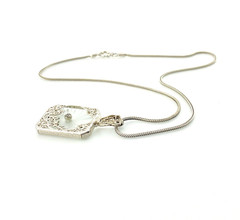 Vintage Camphor Glass Genuine Diamond Pendant Necklace Rhodium Plated Floral