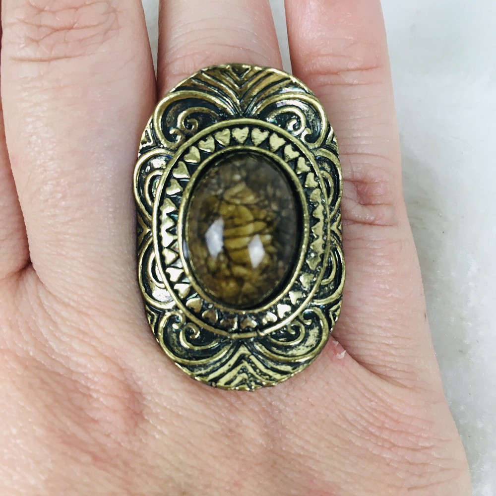 Vintage Ring Gold Tone Metal Brown Stone Ring Adjustable One Size Fits All