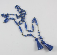 Antique Czechoslovakia Art Glass Royal Blue Glass Beads & Brass Lariat Necklace
