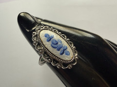 Vintage 14K White Gold Plated Uncaclad Guilloche Blue Rose Flower Ring Size 4.5