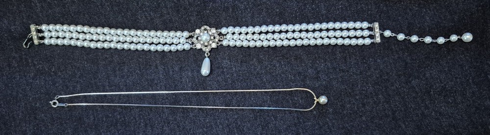Pearl Costume Jewelry Lot: Single Pearl on Snake Chain, Faux Pearl Choker