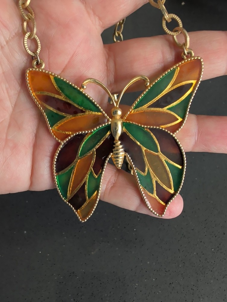 Vtg Stained Glass Style Butterfly Statement Necklace Signed Celebrity R157