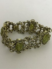 Vintage Selro Selini Style Green Stone Chip & Faux Pearl Panel Link Bracelet