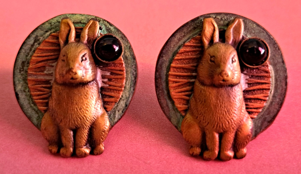 Vintage Mixed Metals Rabbit Earrings With Black Stone Accent Oxidized Bunny 3D