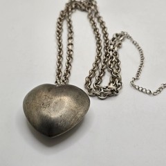 Vintage Puffy Heart Pendant Necklace Silver Tone Signed VCLM Long Chain 32in