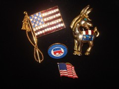 VINTAGE PATRIOTIC LOT (4) DEMOCRATIC DONKEY, REPUBLICAN ELEPHANT,US FLAGS Signed