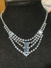 Vintage Silver Plate Blue Rhinestone Baguette Emerald Cut Collar Necklace 15”