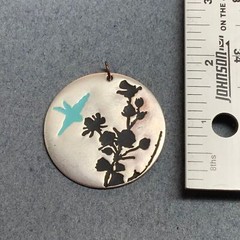 Bird Flowers Round Pendant Silver Black Turquoise Blue Retro BoHo Vintage Nature