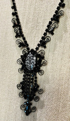 D&E Juliana Book Piece Long Black Rhinestone Floral Transfer Gun Metal Necklace