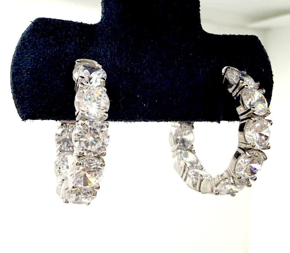 JTV Rhodium Plated Sterling 925 Bella CN FZN Hoop Earrings Diamond Sim