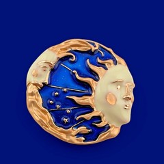 Celestial Sun Moon Face Brooch Blue Gold Enamel Rhinestone Vintage Style Pin