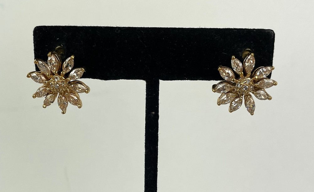 Vintage Floral Stud Marquise Cut Crystal Daisy Pierced Earrings, Gold-Tone