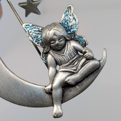 JJ Jonette Fairy Blue Glitter Wings Crescent Moon Star Pin Brooch Pewter Vintage
