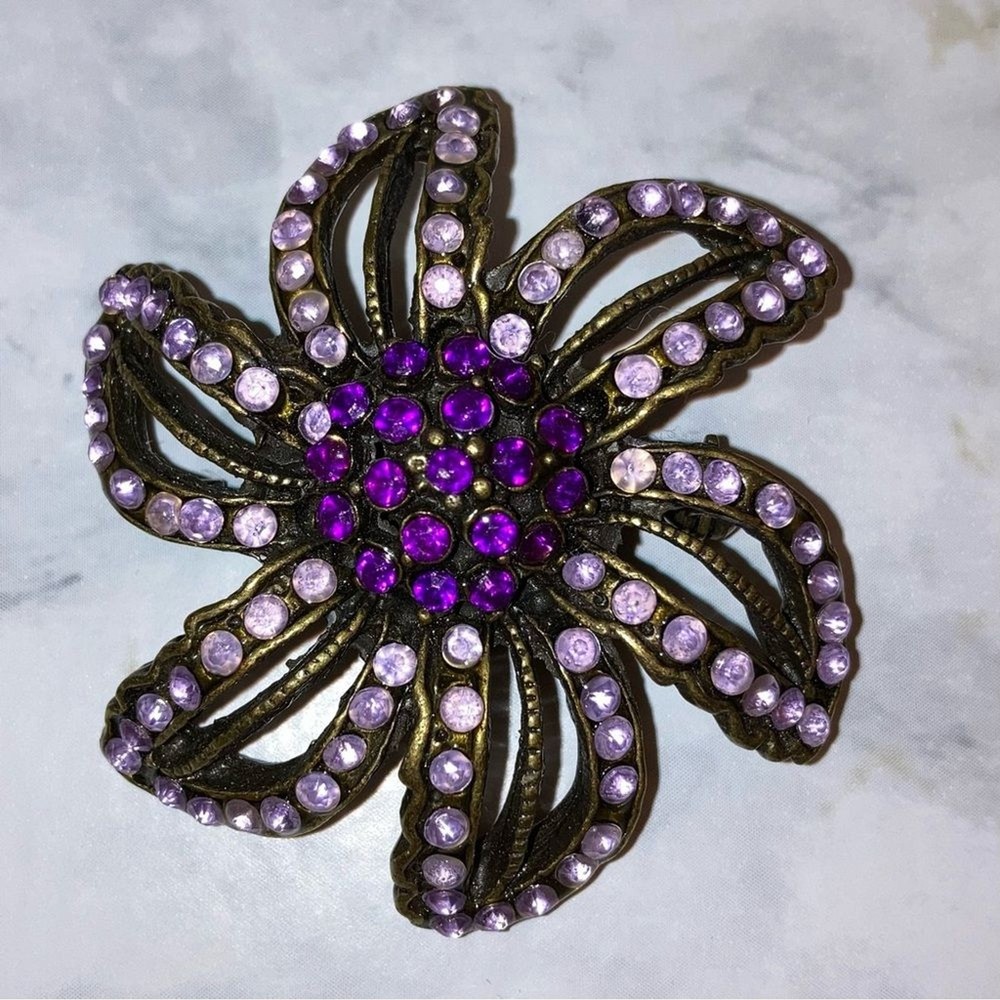 Vintage Floral Brooch Purple Gold Boho Flower Pendant Pin Art Deco Jewelry