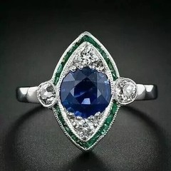 3.25Ct Art Deco Round Lab Created Sapphire & Emerald Engagement 925 Silver Ring