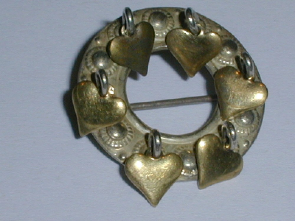 VINTAGE JORNIL NORWAY 830 GOLD WASHED SILVER HEART DANGLE SOLJE BROOCH!