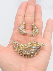 Vtg Signed CONTINENTAL Pink Clear AB Glass Rhinestones Earrings Brooch Pin Set