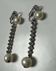 Marvella Silver tone w/ Faux Pearls 7 Rhinestones Dangle Drop Clip Earrings