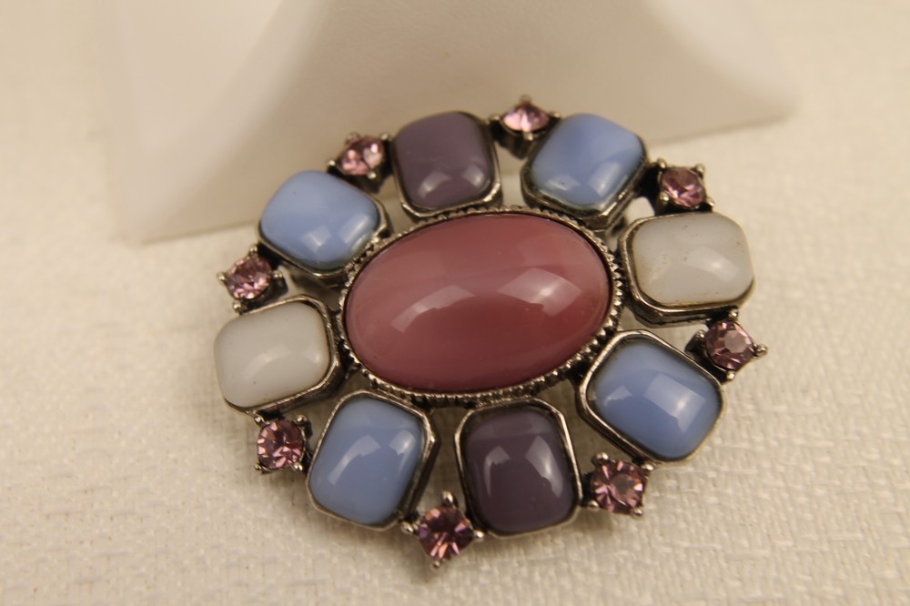 Vintage Pastel Cabochon Cluster Brooch Pink Blue Rhinestone Pin