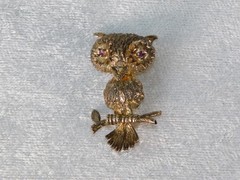 Vintage 40’s Les Bernard Signed Sterling Silver Gold Vermil Owl Bird Brooch