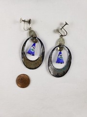 Vintage persian enamel drop dangle earrings bird deer roses 2.5″ screw back.