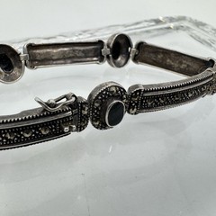 Vintage Sterling Silver 925 Marcasite and Black Onyx Link Bracelet 7.5 Inches