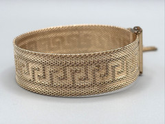 Vintage MCM Greek Key Gold Tone Mesh Slide Bracelet w/ Tassel
