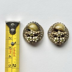 Green Porphyry Glass Cabochon Brass West Germany Vintage Clip On Earrings