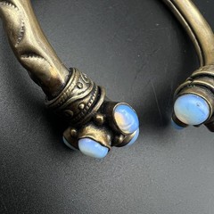 Vintage Brass Open Bangle Cuff Bracelet Blue Opalite Cabochons Boho Tribal