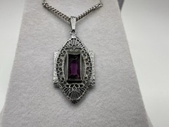 Antique Lavalier Pendant Purple Glass White Gold Plated Filigree Damaged READ