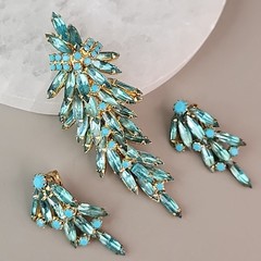 Vintage Rhinestone Brooch Clip Earrings Set Blue Waterfall Articulated Designer