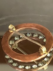 antique faux diamond 1″ round gold tone pin (614)