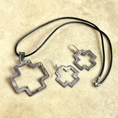 Maltese Cross Necklace & Earring Set on Black Leather Cord, 925 Sterling Silver