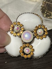 Vintage Milk Glass Opaline Cabs Topaz Large Silver Tone Brooch Pin