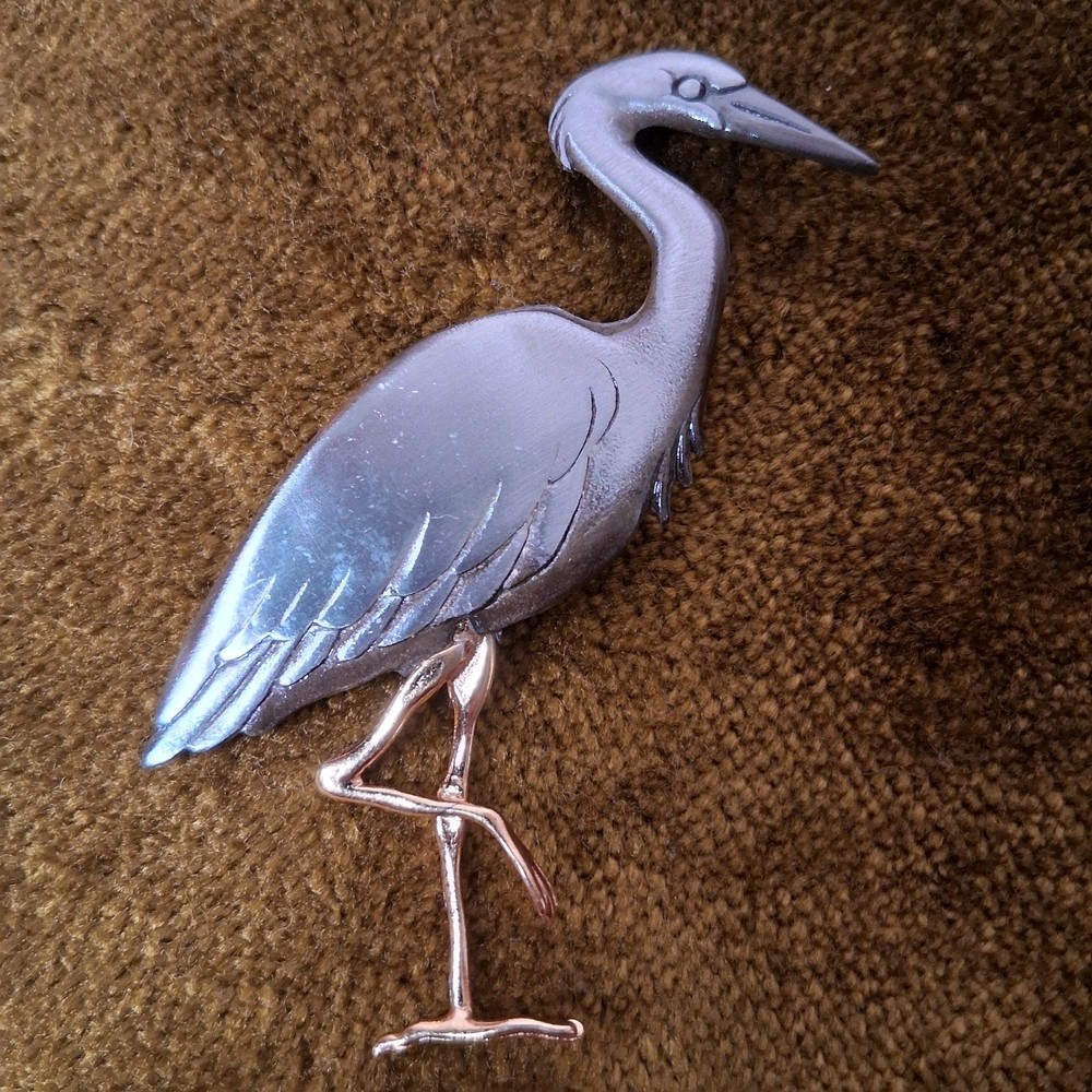 Vintage Marc Shields Pewter Brooch Pin Crane Bird Animal 3″
