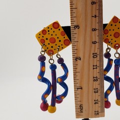VTG 80s Earrings Memphis Style Pierced Kinetic Dangle Colorful Polka Dot Artsy