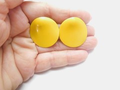 Yellow Enamel Silver Tone Metal Domed Disc Pierced Earrings Vintage