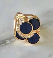 Vtg Womens Round Blue Disk & Rhinestone Cocktail Ring Marked ~ 18kt H.G.E.