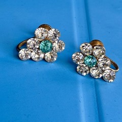 Vintage Crystal Rhinestone Flower Screw Back Earrings Aqua Blue Gold Tone