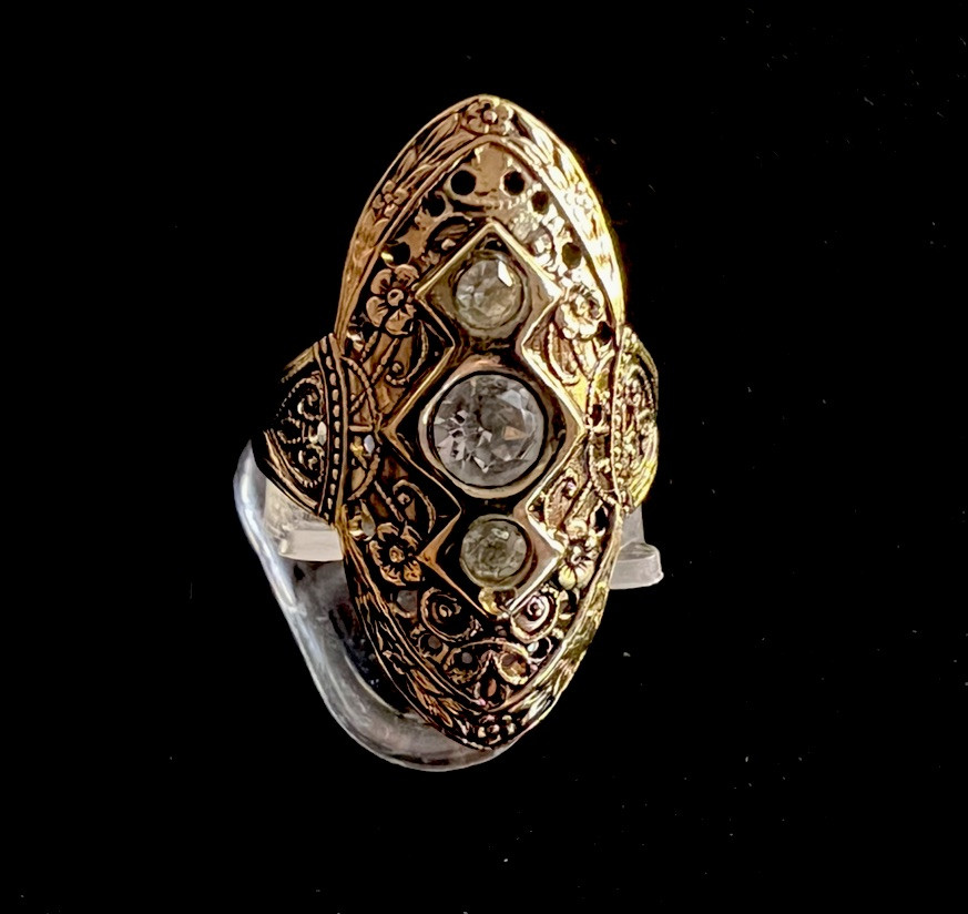 Beautiful 14K Gold Plated & Filigree W/Three Rhinestones (Many Sizes Available)