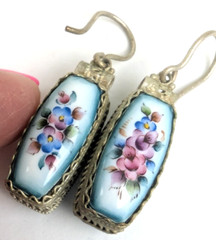 Vtg Russian Rostov Finift Porcelain Enamel Drop Dangle Earrings Double Sided