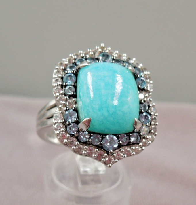 JTV Sterling Silver Blue Amazonite Blue Topaz Halo Ring NIB Sz 7