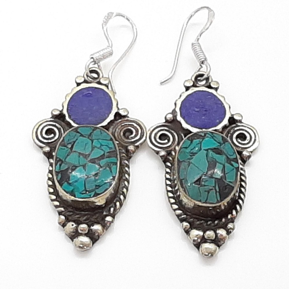 Vintage 25.25ctw Green Turquoise & Lapis Lazuli Silver Dangle Earrings 24.4g