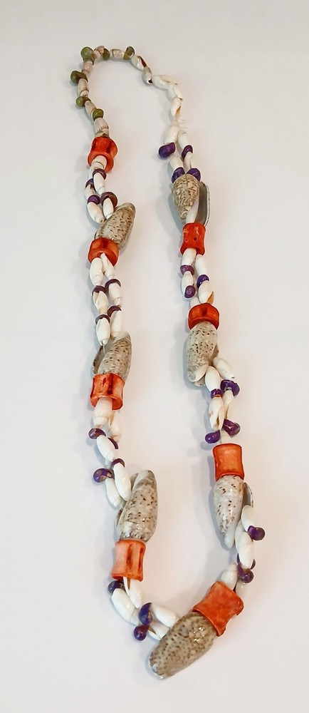 Vintage 1970s Single-Strand Statement Shell and Coral Necklace 100.3g~30″