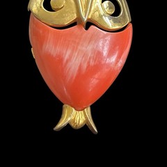 Vintage MCM Owl Pendant Gold Tone Orange Enamel 2.5 Inches Flaw READ