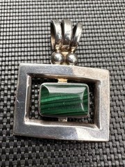 Vintage TR-110 Mexico Sterling Silver Malachite Pendant Modernist Taxco Style