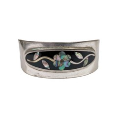 Vintage Alpaca Mexico Flower Vine Abalone Mother Of Pearl Onyx Cuff Bracelet